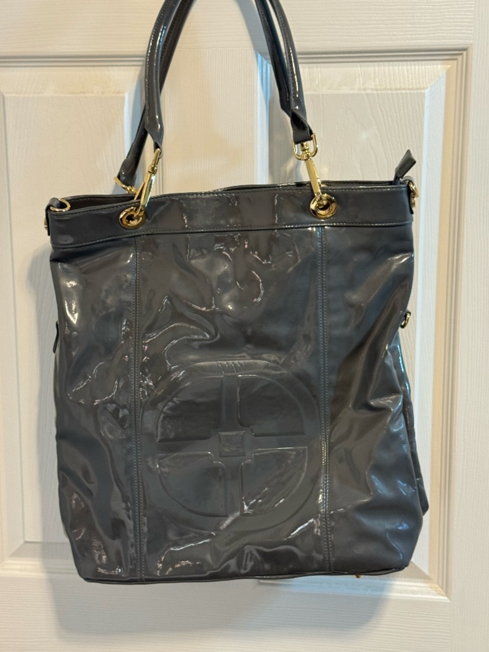 IMAN Gray Patent Logo Tote Bag Convertible Gold Chain Strap